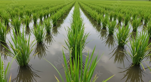 Green rice field rows reflecting sunlight agriculture landscape