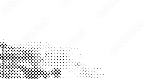 Monochrome halftone pattern showcases a textured gradient effect with scattered black dots converging to form a dense, abstract design on a clean white backdrop, evoking vintage aesthetics