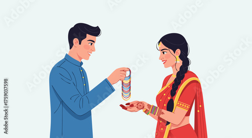 Indian man gifting colorful bangles to wife in traditional attire, background, isolated, vector, Karwa Chauth celebration   