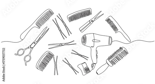 Hairdressing tools illustration combs scissors hair clips and hair dryer