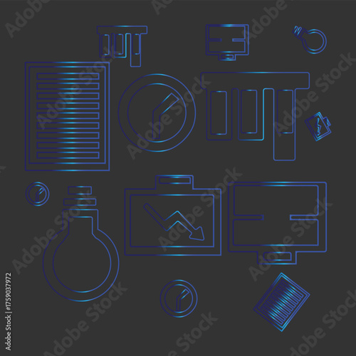 Abstract collection of glowing blue neon technology icons.