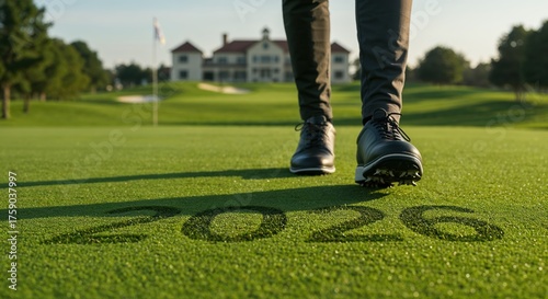 A person's legs in golf shoes walk across a vibrant green golf course, casting a shadow of the year 2026 under golden hour sunlight.