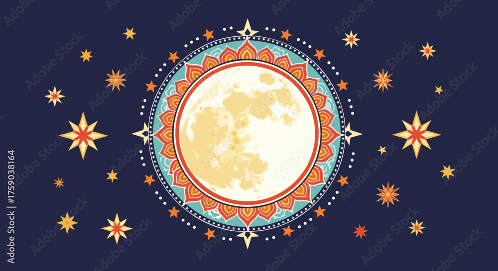 Fototapeta premium Decorative vector design of full moon and stars in night sky, background, Karwa Chauth celebration 