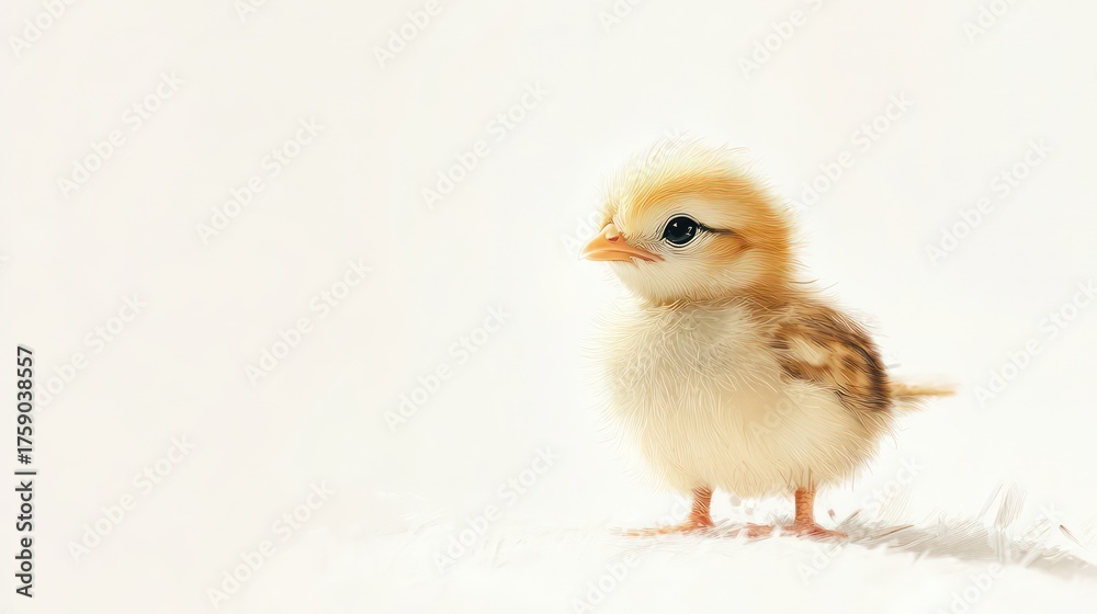 Obraz premium A fluffy baby chick tilting its head curiously on a white background.