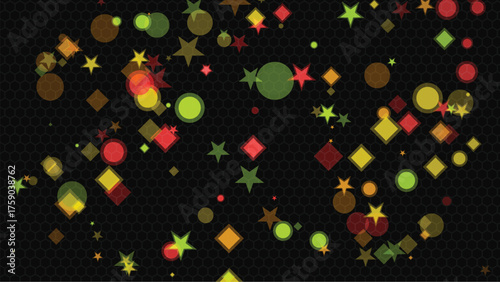 Colorful Abstract Background with Stars Circles and Diamonds on a Dark Hexagon Pattern Backdrop