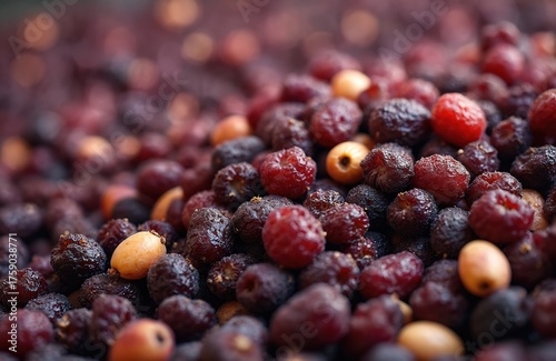 Closeup on pile of grape pomace after pressing. Grapes seeds, skins texture. Wine making residue background. Winery waste management concept. Sustainable winemaking from grape marc in autumn season.