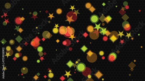 Abstract Geometric Pattern Background with Stars Circles and Squares on a Dark Hexagon Texture Backdrop