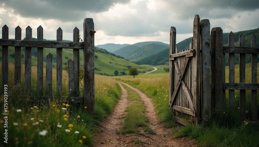 Obraz premium Old wooden gate opens to dirt path in green hills and fields. Cloudy sky, mountains, trees, flowers and grass along road. Countryside landscape.