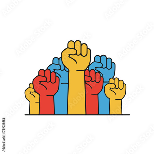 Raised fists in yellow red and blue for support. Suitable for activism, unity, protest, and diversity concepts. Advocating change and equality. 