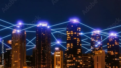 Wallpaper Mural Futuristic City Skyline with Abstract Data Connectivity Represented by Lines and Glowing Points Against a Dark Night Sky Torontodigital.ca