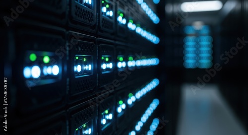 Server rack with glowing blue and green indicator lights in dark room.