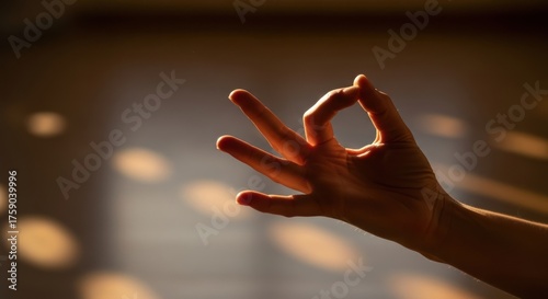 Hand making an ok gesture silhouetted against warm light background.