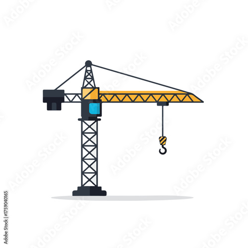Yellow and black construction crane with a hook suitable for construction, engineering, industrial, and development concepts in design projects.
