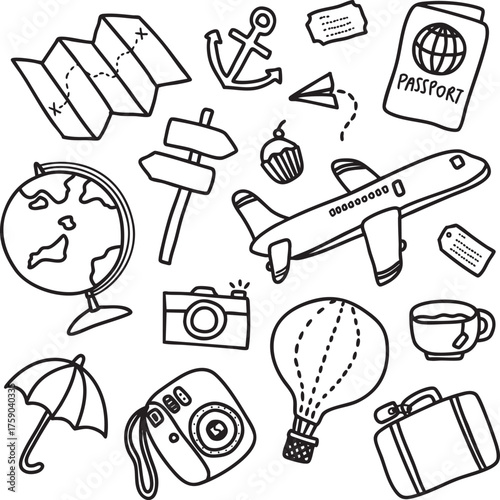 Hand drawn travel doodle icon set. Includes airplane, globe, map, passport, suitcase, camera, hot air balloon, and anchor. Perfect for vacation and adventure design projects.