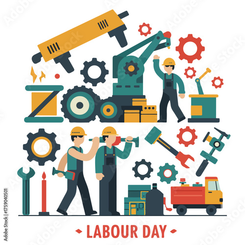 Celebrates labor day with workers tools and factory equipment. Suitable for labor day promotions, worker appreciation posts, and industrialthemed designs.