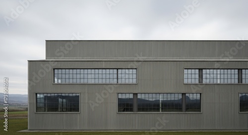 Industrial building facade with corrugated metal siding and large grid windows.