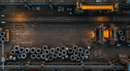 Industrial overhead view of steel rolls and machinery in manufacturing plant