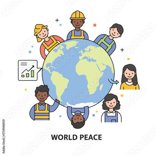 Diverse people unite around earth, symbolizing world peace, cooperation, unity. Suitable for global community, cultural diversity, harmony concepts.
