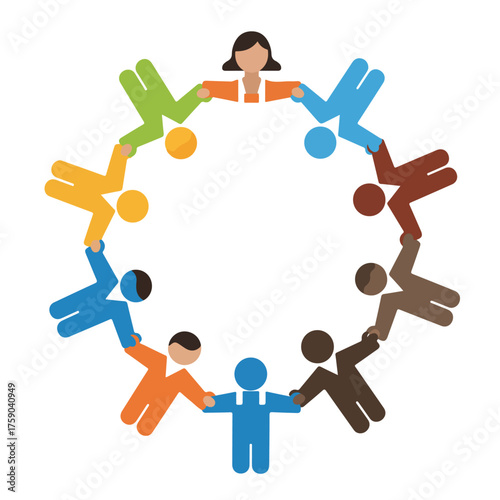 Ring of diverse figures holding hands symbolizes unity and diversity, suitable for inclusion, teamwork, unity concepts in designs.