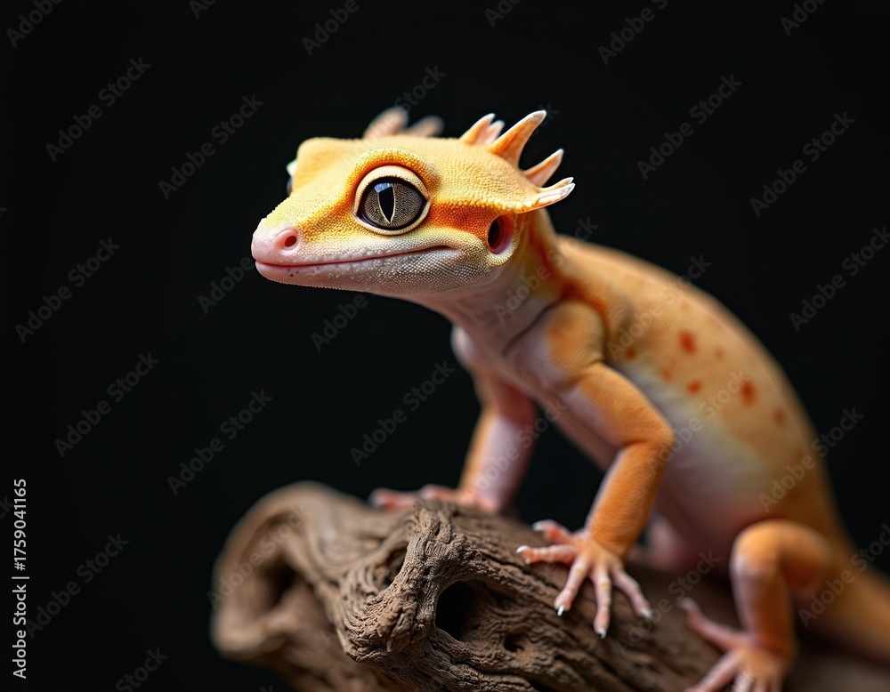 Naklejka premium Bright yellow orange crested gecko perches on wood branch. Small exotic lizard with unique head crests, big dark eyes, and spotted skin. Pet reptile closeup on dark black background studio.