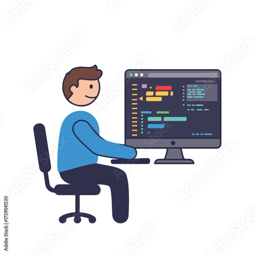 Person typing code on computer with colorful cartoon style. Suitable for software development, coding tutorials, technology blogs, and educational materials.