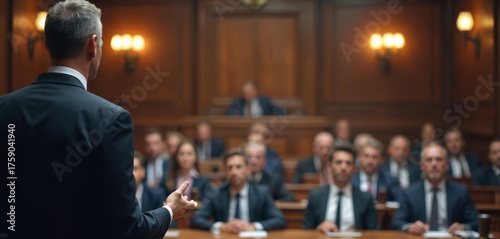 Man in suit delivers legal argument within courtroom. Blurred audience observes proceedings. Professional lawyer presents case with confidence. Justice system concept law firm representation.