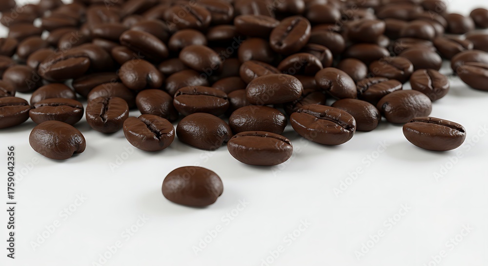 Naklejka premium Roasted coffee beans scattered on white surface in studio setting