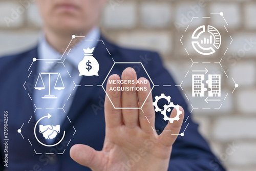 Person using virtual touch screen presses the words MERGERS AND ACQUISITIONS. Mergers and acquisitions business concept. Merger and Acquisition Corporate Cooperation Companies. M&A deal partnership.