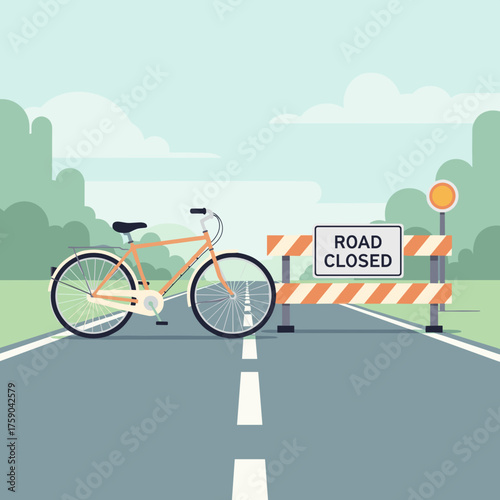 Bike parked beside closed road vector illustration for traffic safety poster, travel blog and urban design concept