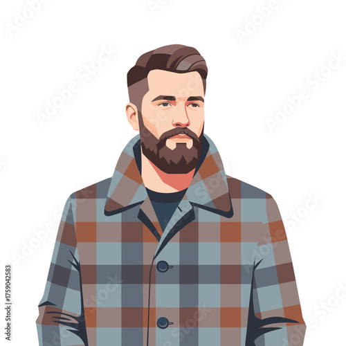 Bearded man in flannel coat vector illustration for men’s fashion blog, winter clothing design and style concept