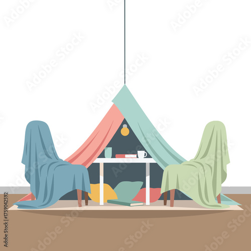 Blanket fort in quiet room vector illustration for home comfort design, family lifestyle content and cozy interior concept
