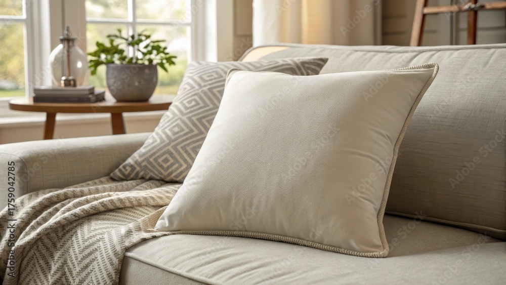 Fototapeta premium A comfortable cream pillow resting on a cozy sofa