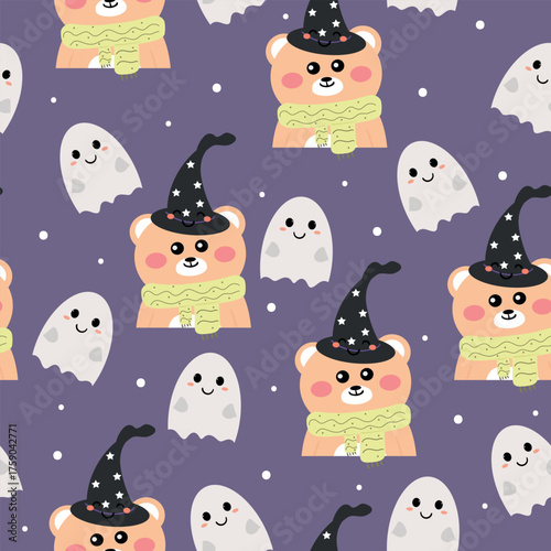 seamless pattern cartoon cute bear with halloween element drawing. cute halloween theme for wallpaper and background