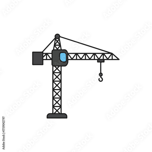 Simple black, gray, and light blue construction crane suitable for engineering, construction, architecture, development, urban, and industrial design projects.
