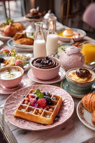 A vibrant and colorful spread of breakfast dishes is set against the backdrop of an elegant Parisian café interior with rustic wooden tables and soft lighting. The atmosphere is warm and inviting