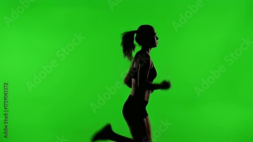 Silhouette of a Woman Running on Green Screen for Chroma Key.
