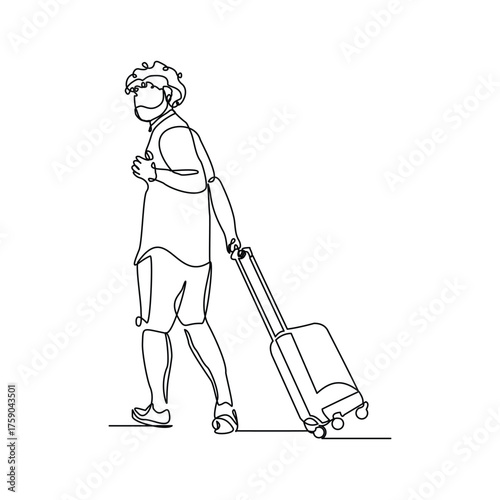 Continuous line drawing of man traveler with luggage. Sketch editable stroke vector illustration of tourist walking with suitcase.