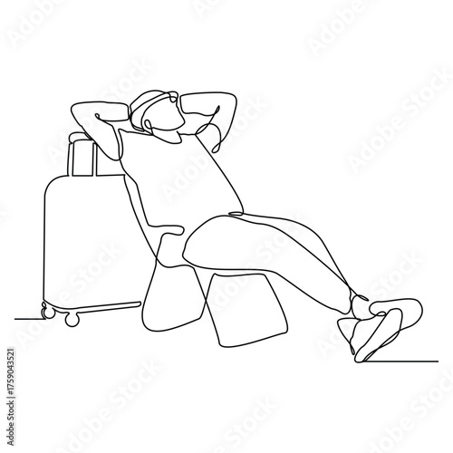 Continuous line drawing of man traveler with luggage. Sketch editable stroke vector illustration of tourist walking with suitcase.