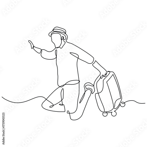 Continuous line drawing of man traveler with luggage. Sketch editable stroke vector illustration of tourist walking with suitcase.