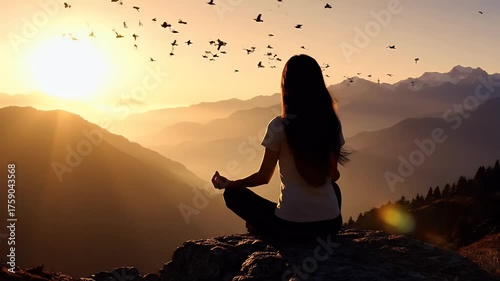 Woman Meditating on Mountain Top at Sunrise with Birds Flying.