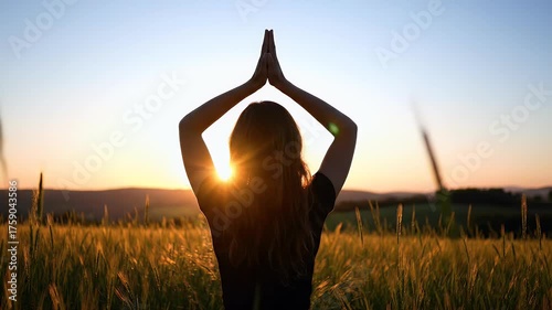 Woman practicing yoga in a golden field at sunset, finding peace and tranquility.