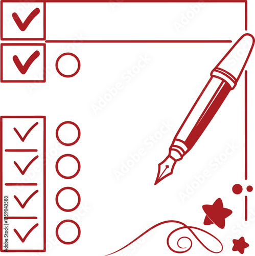 Minimal checklist template with fountain pen and decorative elements in red outline style