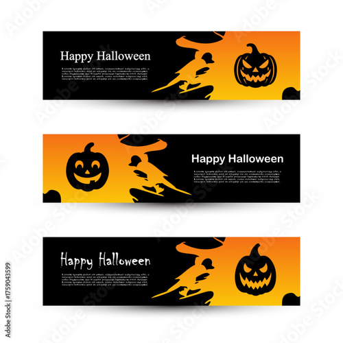 Set of Horizontal Halloween Banners with Gradient Background and Pumpkin Faces. Ideal for seasonal promotions, party invitations, festive greetings, website headers, or social media content.