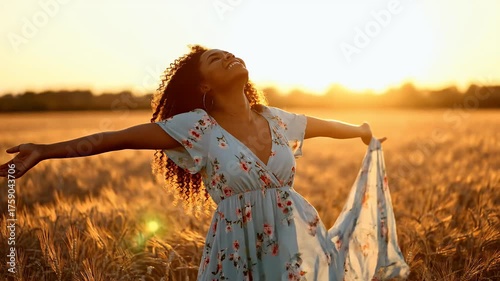 Young Woman Enjoying Golden Sunset in a Wheat Field.