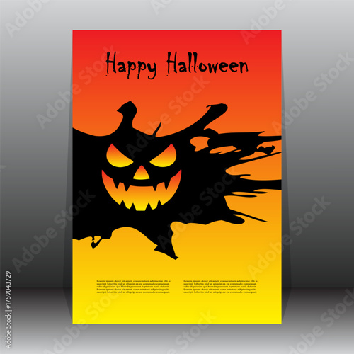 Spooky Halloween Poster with Splatter Pumpkin Face and Glowing Eyes. The glowing orange eyes and jagged mouth create a spooky, high-impact visual perfect for party invitations, or seasonal promotions.