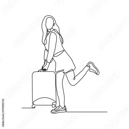 Continuous line drawing of woman traveler with luggage. Sketch editable stroke vector illustration of tourist walking with suitcase.
