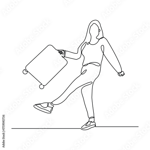 Continuous line drawing of woman traveler with luggage. Sketch editable stroke vector illustration of tourist walking with suitcase.