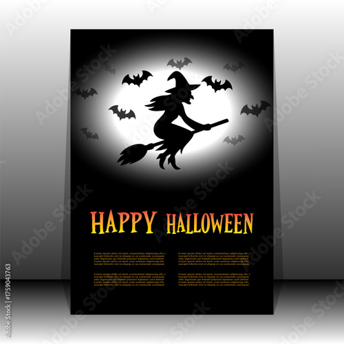 Flying Witch Halloween Poster with Full Moon and Bats. A bold Halloween poster featuring a flying witch against a glowing full moon, surrounded by bats and set on a vibrant gradient background.