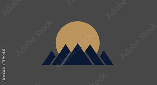 Stylized mountain scene with a setting sun, dark blue peaks