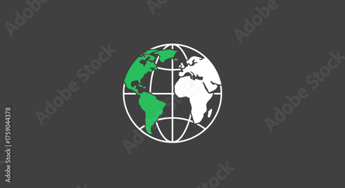 Grey background with white grid globe; America is green, other white